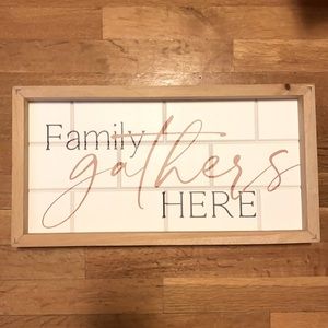19” x 10” “FAMILY GATHERS HERE” Wooden framed, subway tile wall hanging